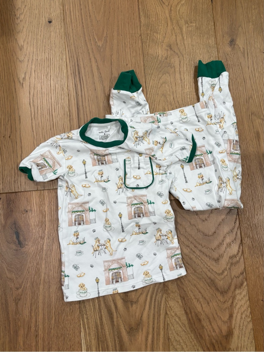 Nola Tawk Cafe Du Monde Beignet Dog Kids White Pajama Set with Green Trim